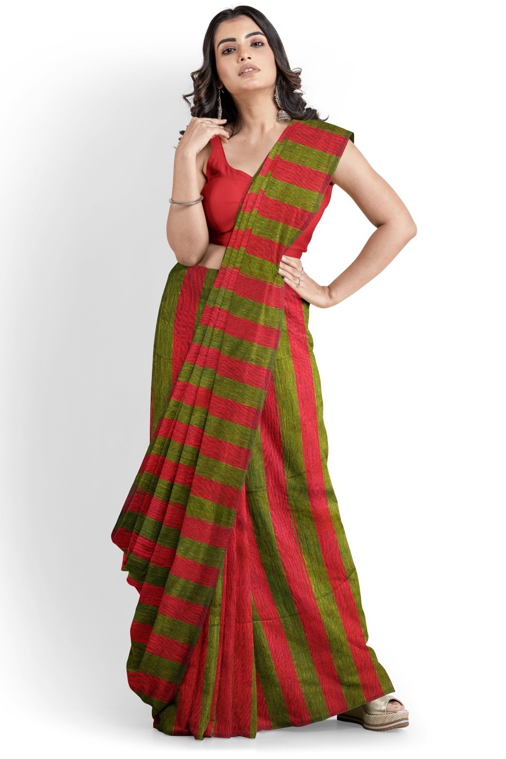 Red Green Pure Cotton Tejal Hand Loom Saree (1200)